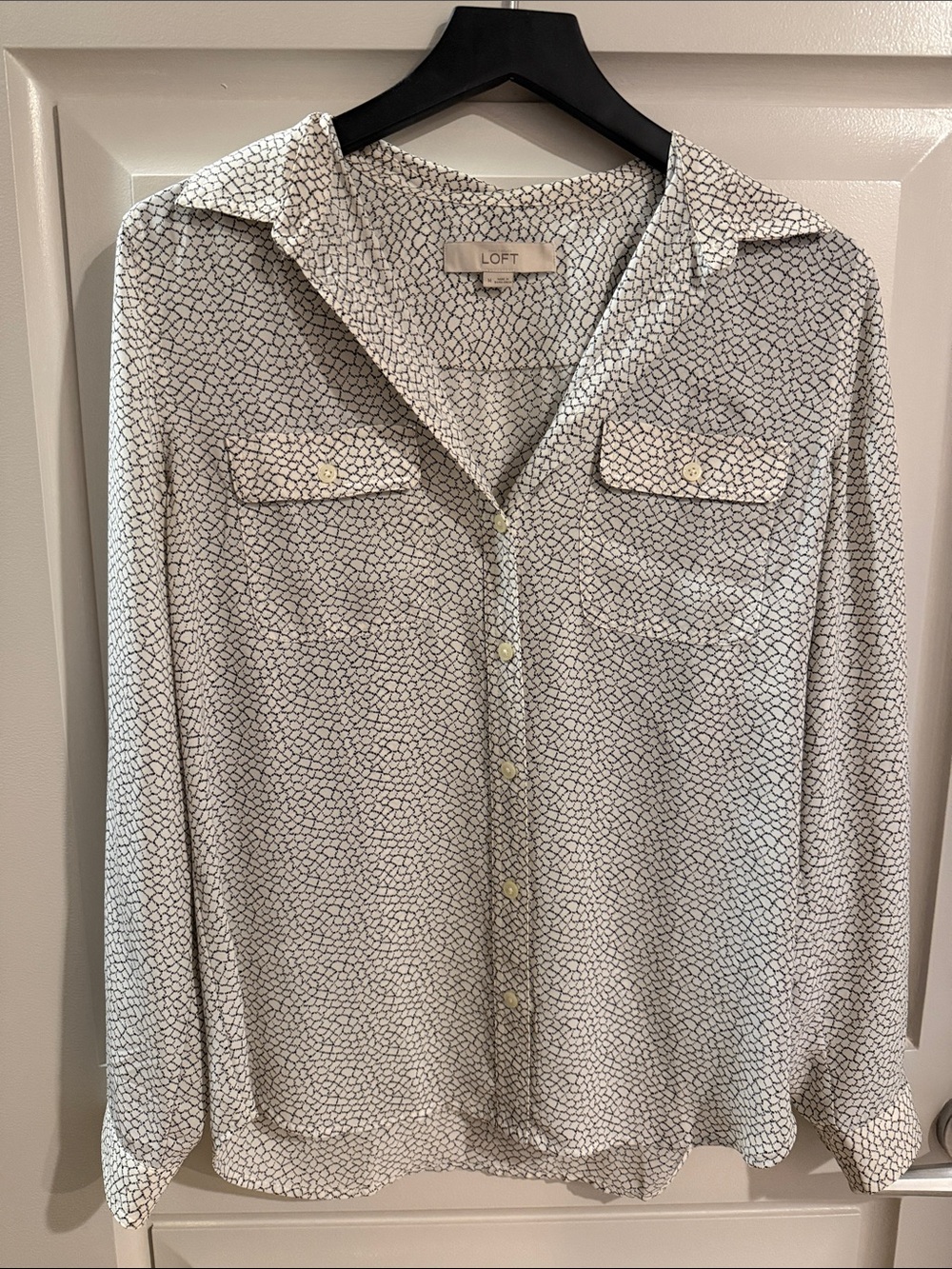 LOFT White Button-Down Shirt with Subtle Black Micro-Pattern